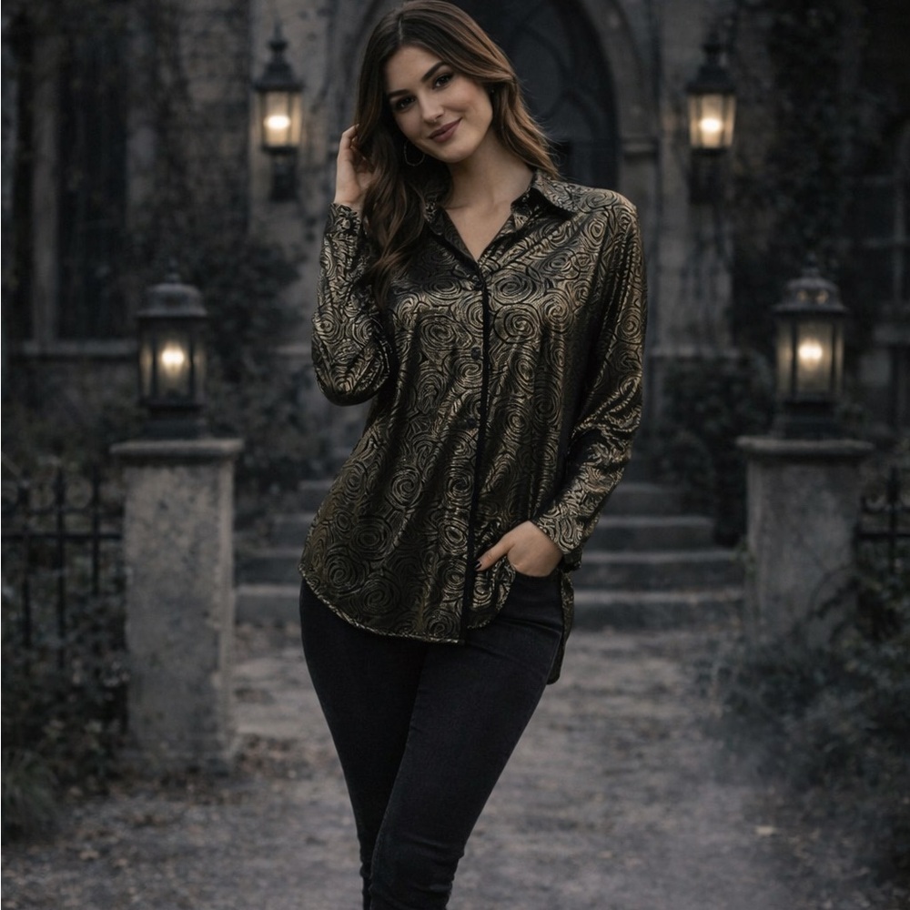 Joanna Black & Gold Metallic Swirl Button Front Blouse | Size L